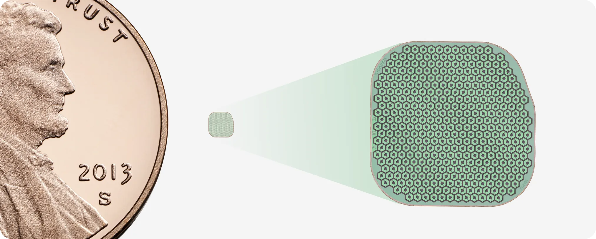 "A scale accurate PRIMA Implant is shown adjacent to a US penny; the implant is approximately 1/10 size of the penny."