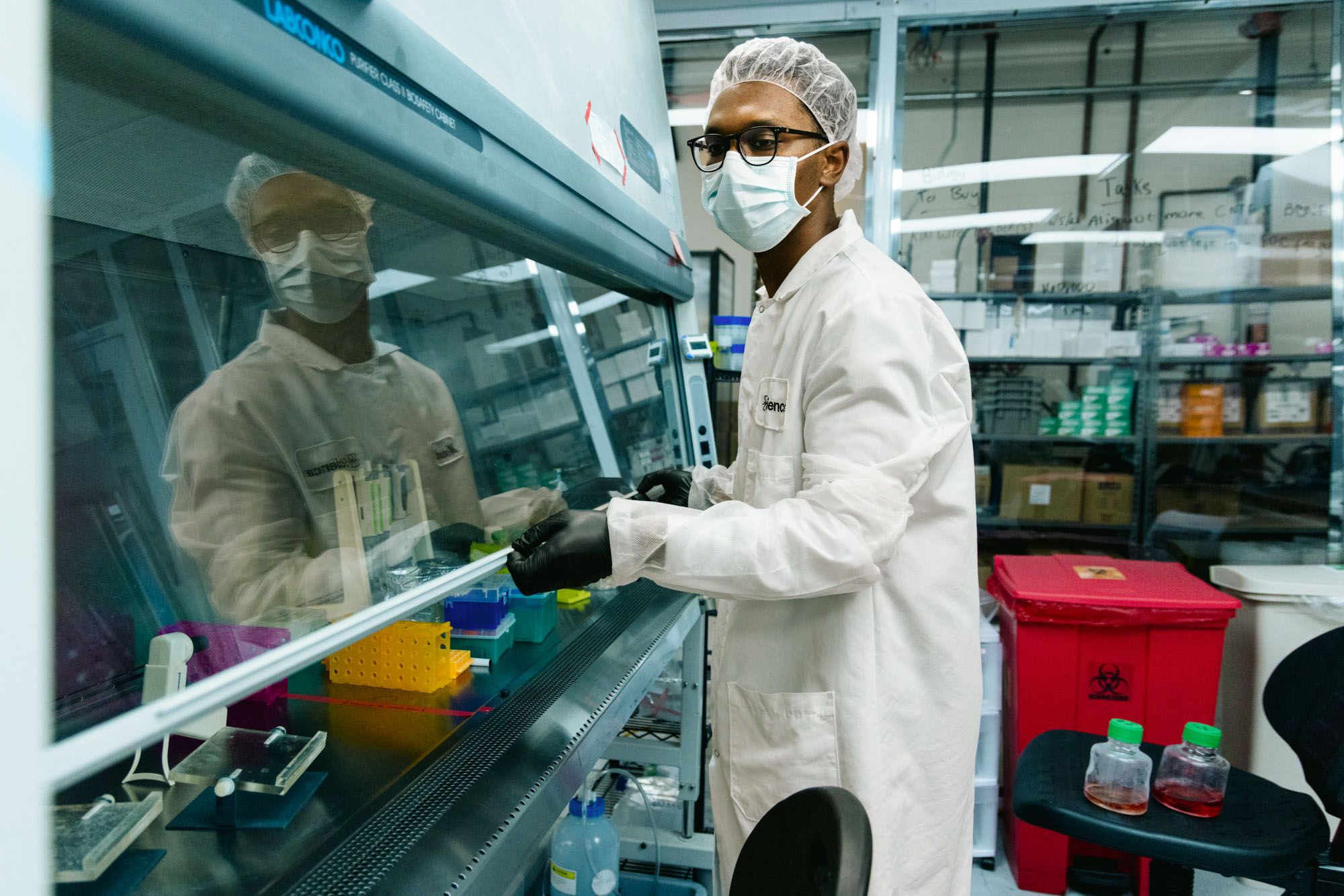 A scientist works behind the partially closed sash of a biosafety cabinet.